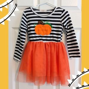 Boutique Striped Fall Halloween Pumpkin Dress with Orange Tutu Skirt Size 3T